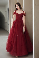 Burgundy tulle long prom dress A line evening dress