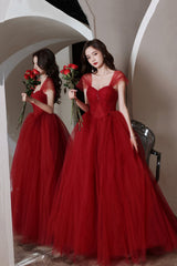 Red tull beads long prom dress A line evening dress