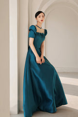 Blue satin long A line prom dress blue evening dress