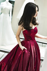 Burgundy satin long prom dress A line evening gown