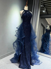 Navy Blue Sequins Long Prom Party Dress