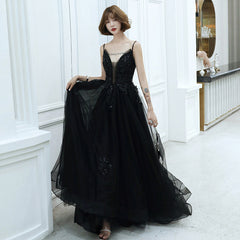 Black v neck tulle beads long prom dress evening dress