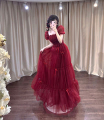 Burgundy tulle sequins long prom dress A-line evening dress