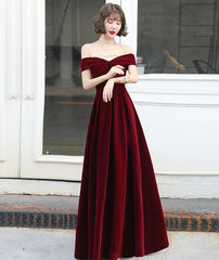 Burgundy velvet long prom dress evening dress