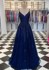 A Line Navy Blue V Neck Lace Prom Dresses