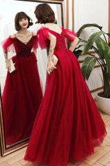 Burgundy tulle beads long A line prom dress evening dress