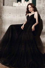 Black tulle long A line prom dress evening dress