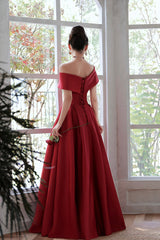 Burgundy satin long prom dress A line evening dress