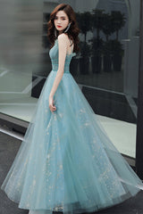 Blue tulle long A line prom dress blue evening dress