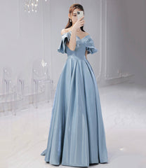 Blue satin long prom dress A line evening dress