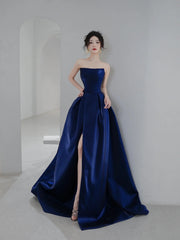 Blue Satin Long A-Line Prom Dress, Simple Blue Evening Dress Formal Dress