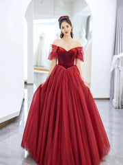 Burgundy Velvet and Tulle Long Prom Dress