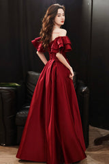 Burgundy satin long prom dress A line evening dress