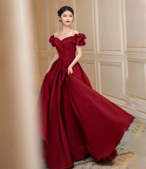 Burgundy satin long prom dress A line evening dress