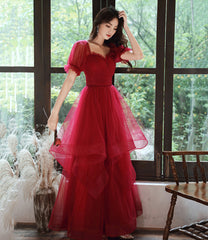 Burgundy tulle long prom dress evening gown