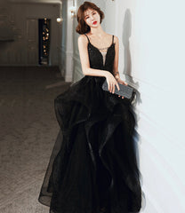 Black v neck lace long prom dress A line evening dress