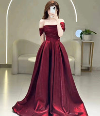 Burgundy Satin Long Prom Dress, Off the Shoulder Evening Party Dress