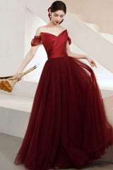 Burgundy tulle long prom dress A-line evening dress