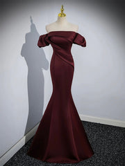 Burgundy Satin Long Prom Dress, Mermaid Off the Shoulder Evening Party Dress