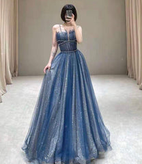 Blue tulle sequins long prom dress blue evening dress