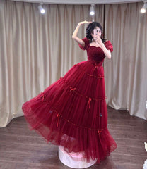 Burgundy tulle sequins long prom dress A-line evening dress