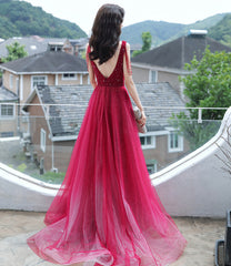 Red tulle beads long prom dress red evening dress