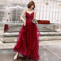 Burgundy lace tulle long A line prom dress