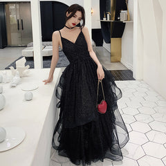 Black tulle sequins prom dress evening dress