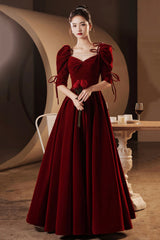 Burgundy velvet long prom dress A-line evening dress