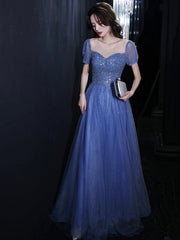 Blue Tulle Beads Long Prom Dress, Beautiful Short Sleeve Evening Party Dress