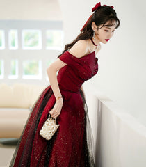 Burgundy Satin Tulle Long Prom Dress, A-Line Off the Shoulder Evening Dress