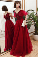 Burgundy tulle beads long A line prom dress evening dress