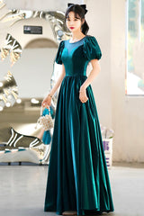 Green satin long prom dress A-line evening dress