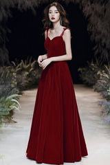 Burgundy velvet long A line prom dress evening dress