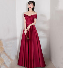 Burgundy satin long A line prom dress evening dress