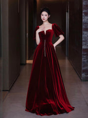 Burgundy Velvet Long A-Line Prom Dress