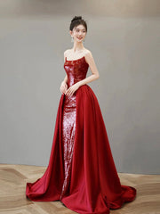 Burgundy Satin Sequins Long Prom Party Dress