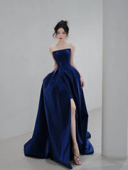 Blue Satin Long A-Line Prom Dress, Simple Blue Evening Dress Formal Dress