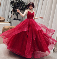 Burgundy v neck tulle long prom dress, formal dress