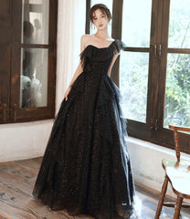 Black tulle sequins long prom dress A line evening dress