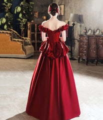 Burgundy Satin Long Prom Dress, Cute A-Line Off Shoulder Evening Dress