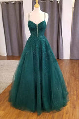 A-Line Hunter Green Floral Prom Dress Appliques Straps Evening Gown