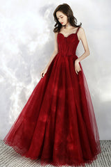 Burgundy tulle long A line prom dress evening dress