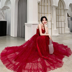 Burgundy tulle long prom dress, evening dress