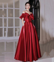 Red satin long prom dress A line evening dress