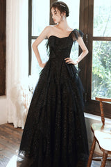 Black tulle sequins long prom dress A line evening dress