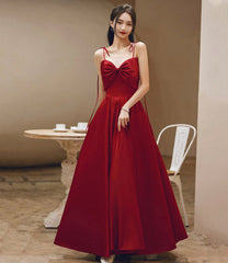 Burgundy satin long prom dress A-line evening dress