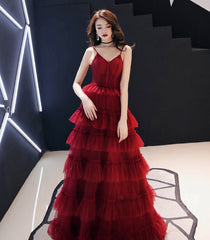 Burgundy tulle long prom gown formal dress