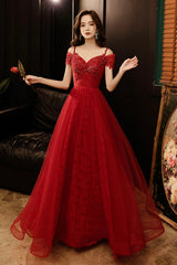 Burgundy tulle lace long prom dress A-line evening dress