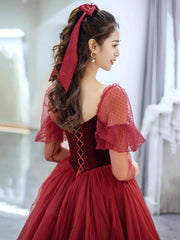 Burgundy Velvet and Tulle Long Prom Dress